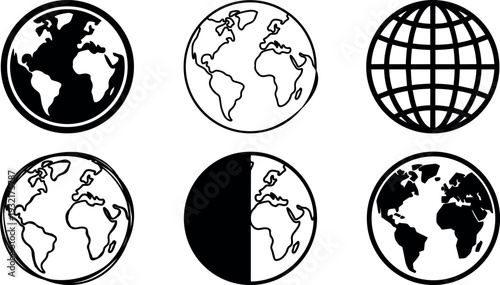 Minimalist flat design globe icon set showing six earth views in black and white simple line art vector symbols collection