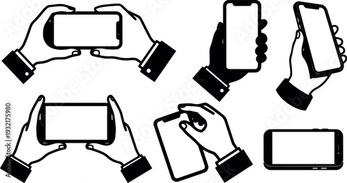 Minimalist line art vector set of hands holding smartphones in various orientations close up top view side view outline icons