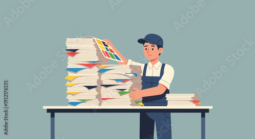 Printing worker handling stacks of paper and color swatch in a print shop