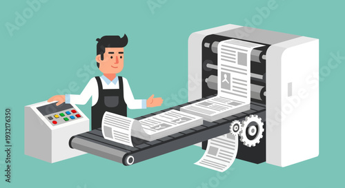 Factory worker overseeing newspaper printing press with conveyor belt and stacks of printed pages