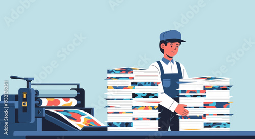 Printing industry worker managing stacks of colorful printed paper in a busy print shop