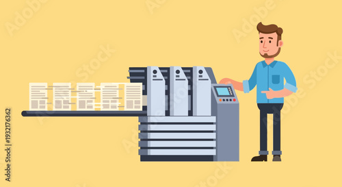 Man operating a modern printing press machine with stacks of paper and digital controls