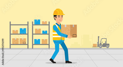 Warehouse worker in safety vest and hardhat carrying a package