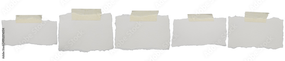 Fototapeta premium set of five isolated pieces of blank white ripped paper with masking tape, perfect for custom text or photos.