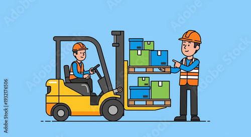 Warehouse worker operating forklift to move boxes with assistance from colleague
