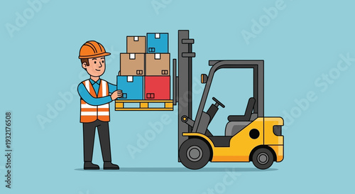 Warehouse worker operating a forklift to move stacked boxes on a pallet
