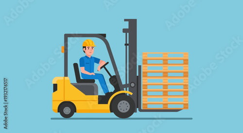 Worker operating a yellow forklift to load wooden pallets in a warehouse setting.