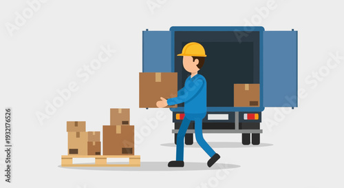Dedicated mover wearing a hardhat carries a large cardboard box towards an open delivery truck, representing efficient logistics and transport services.