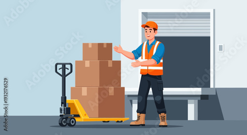 Warehouse worker with pallet jack and stacked boxes