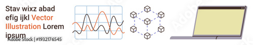Data analysis, blockchain, technology, finance, research, digital tools. A line graph, linked cube network and laptop. Data analysis and blockchain for technology and research