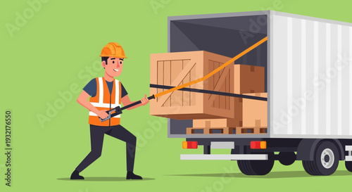 A smiling worker in a hardhat and safety vest securing cargo inside a delivery truck using a strap.