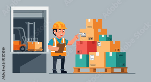 Warehouse worker in hardhat and vest inspecting stacked boxes on a pallet