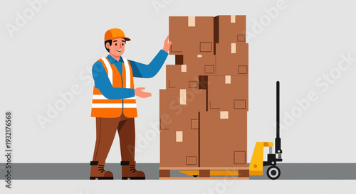Warehouse worker carefully stacking boxes with a pallet jack ready for transport