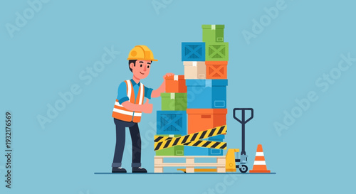 Warehouse worker stacks boxes on pallet with forklift and safety cone nearby
