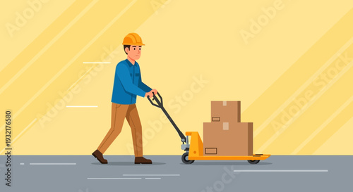 A diligent warehouse worker in a yellow hardhat pushes a pallet jack loaded with cardboard boxes across a concrete floor.
