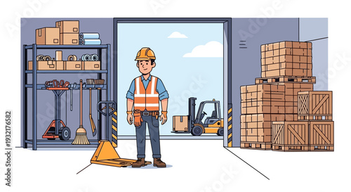 Warehouse worker with safety gear overseeing operations with forklift and pallets
