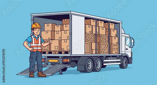 Smiling worker loading packages into a delivery truck, symbolizing efficient logistics and transportation services