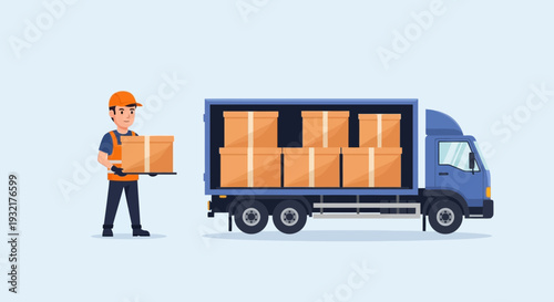 Delivery worker loading boxes onto a truck for shipment and logistics