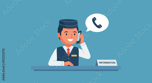Smiling Receptionist Answering Phone at Information Desk