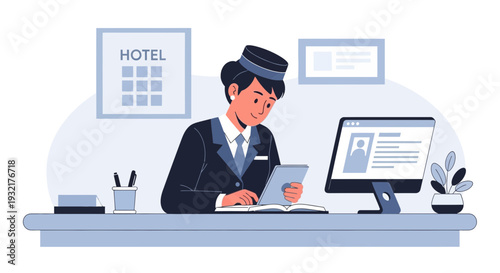 Hotel receptionist using a tablet and computer at the front desk