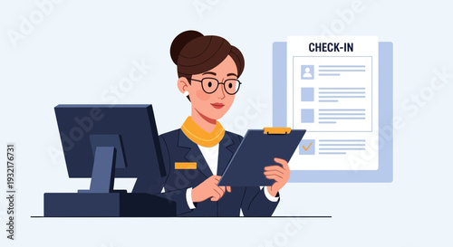 A professional receptionist with glasses holding a clipboard and working at a desk with a check-in list