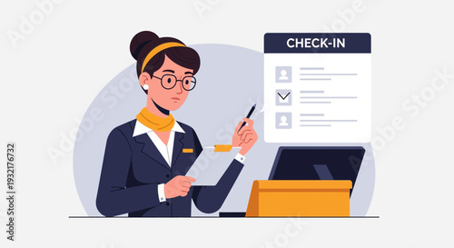 Professional receptionist at a check-in desk with a clipboard and pen