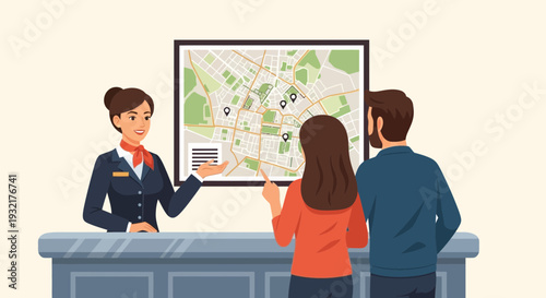 Hotel receptionist assists a couple with a city map for travel planning