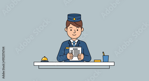 Friendly hotel receptionist in uniform holding paperwork at the front desk with a bell