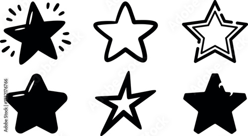 Hand drawn sketchy line art star icon set six variations close up black silhouette and outline vector pack minimal playful