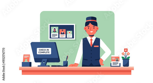 Hotel receptionist at desk with check-in complete on computer screen, offering hospitality services