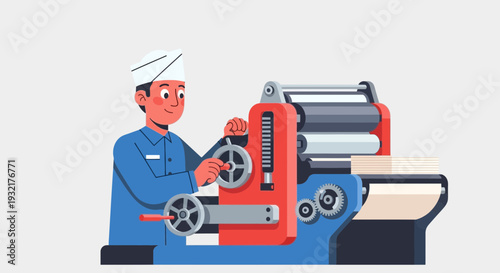 Skilled machinist operating complex industrial machinery in a manufacturing plant