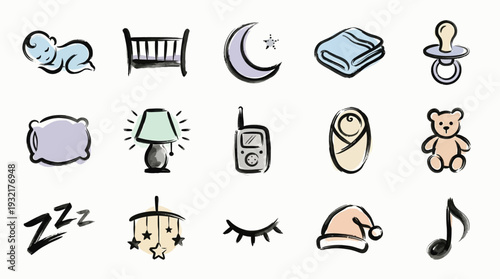 A collection of charming watercolor illustrations depicting items related to a baby's nursery and sleep.