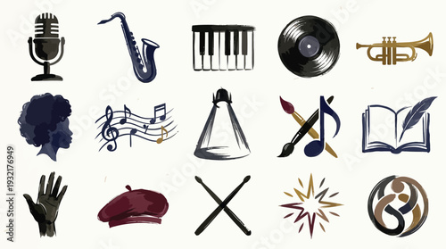 A collection of artistic and musical icons representing various creative pursuits and cultural expressions.