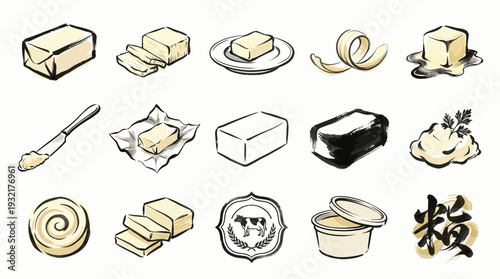 A collection of artistic illustrations depicting various forms and presentations of butter, including blocks, swirls, and spreadable varieties.