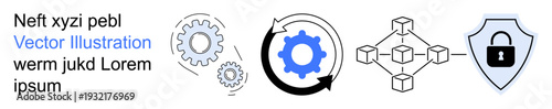 Blockchain networks, cybersecurity, digital security, data encryption, online safety, process automation. Gears, blocks circular arrows and shield with lock icon. Blockchain networks
