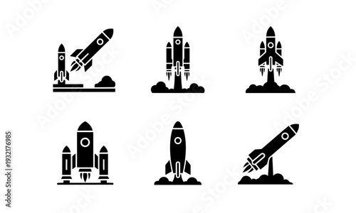 Rocket Launch Icon Set – Space Shuttle Takeoff and Startup Boost Silhouette Collection