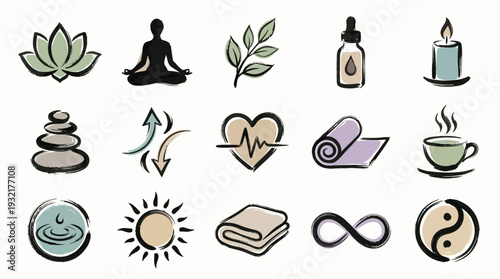A collection of 15 hand-drawn icons representing wellness, mindfulness, and healthy living, including a lotus flower, meditating figure, essential oil, and yoga mat.