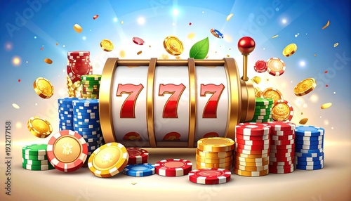 Vibrant casino slot machine with lucky sevens, colorful poker chips, and shining golden coins, symbolizing the thrilling excitement of fortune and big wins