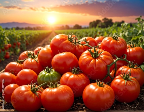 Pile of fresh, ripe red produce in a wooden box, with a vibrant sunset over a field