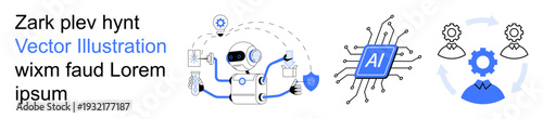 Artificial intelligence, robotics, technology innovation, machine learning, automation, digital transformation. Robot illustration, AI chip gear symbols. Robotics and automation concept