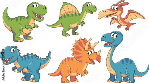 Cartoon dinosaurs including Tyrannosaurus rex, Spinosaurus, Pteranodon, Stegosaurus, Triceratops, and Brachiosaurus, colorful educational illustration 