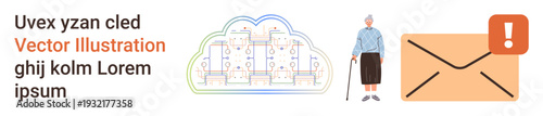 Technology security, email alerts, internet safety, elderly care, cloud computing, communication. Cloud server icon, senior person envelope with alert symbol. Technology security and email alerts