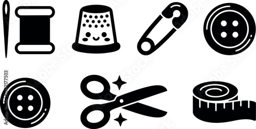 Flat design sewing icon set close up needle spool thimble safety pin buttons scissors measuring tape black silhouette compact vector