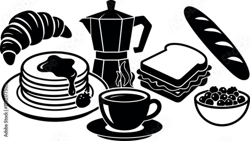 Flat design top view black breakfast spread with pancakes pouring syrup cup coffee moka croissant toast baguette cereal bowl illustration