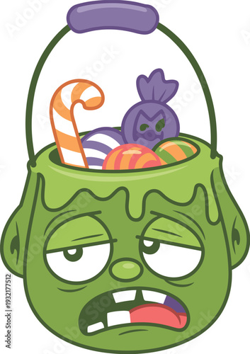 Cartoon Halloween illustration of green zombie head candy bucket filled with colorful sweets, playful festive design with spooky details, trick-or-treat themed artwork