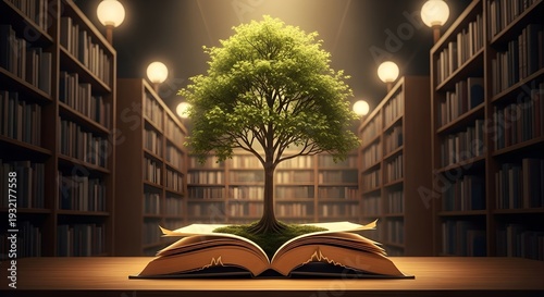 Tree growing out of an open book in library