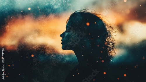 A silhouette of a woman's profile against a colorful background of swirling clouds and stars, representing dreams, imagination, and the universe.