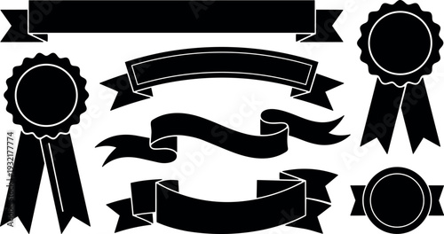 Flat design black ribbon and rosette vector set with assorted banners and award badges top view silhouette simple elegant layout