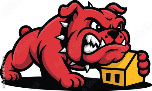 Cartoon illustration of fierce red bulldog mascot with spiked collar gripping small yellow house, symbolizing strength, protection, dominance, security, and aggressive sports team identity