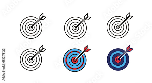 Set of bullseye target icons with arrows in multiple styles and colors.
